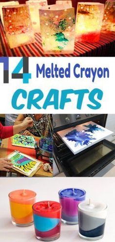 the four melted crayon crafts are shown with candles and paper bags on them