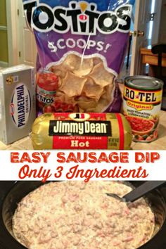 hot and spicy sausage dip recipe in a crock pot with ingredients to make it