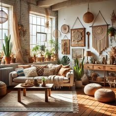 a living room filled with lots of furniture and plants on the wall next to windows