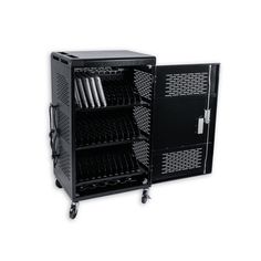 two black metal storage cabinets with wheels and doors open on each side, one is empty