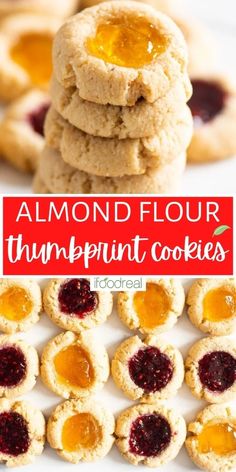 almond floured cookies with jam on top and the words almond floured thumbprint cookies above