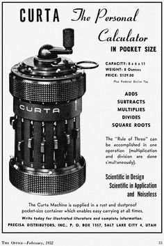 an advertisement for the curta calculator in pocket size, with instructions on how to use it