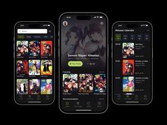 three smartphones displaying different video games on the screen and an image of anime characters