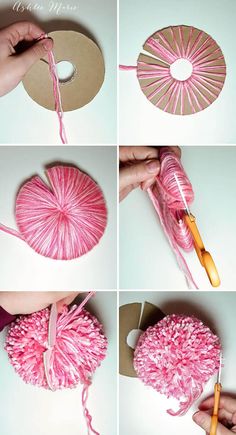 instructions to make a fan out of yarn and cotton balls, with pictures showing how to do it