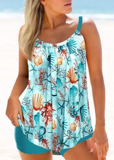 ROTITA Asymmetry Green Plants Print Mid Waisted Tankini Set Womens Tankini Swimwear, Christian Clothes, Shorts Swimsuit, Plants Print, Seashell Print, Plus Size Tankini, Swimsuit With Shorts, Womens Tankini, Swimwear Tankini