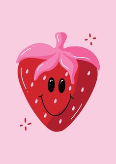 Strawberry illustration with a smiley face. Strawberry Cute, Strawberry Art, Aesthetic Poster, Groovy Retro