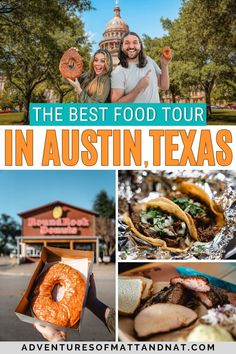 the best food tour in austin, texas with pictures of people holding doughnuts