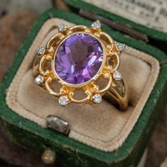 Amethyst Rings & Jewelry - February Birthstone | EraGem Oval Amethyst Ring With Diamond Accents In Yellow Gold, Oval Amethyst Ring In Yellow Gold With Diamond Accents, Oval Amethyst Ring In Halo Setting Yellow Gold, Oval Yellow Gold Amethyst Ring With Halo Setting, Oval Amethyst Ring In Yellow Gold With Halo Setting, Amethyst Rings, February Birthstone, Rings Jewelry, February Birth Stone