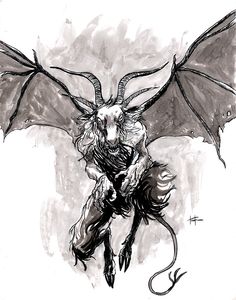 a black and white drawing of a demon