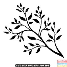 the silhouette of a tree branch with leaves on it, in black and white colors