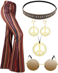 PRICES MAY VARY. What You Will Get: the package contains 1 pair of flared bottom pant, 1 piece of headband,1 pair of sunglasses, 1 piece of peace sign necklace and 1 pair of peace sign earrings, vintage hippie costume set suits for most occasions Reliable Material: hippie pants are made of polyester spandex, soft, stretchy and comfy, also make the legs look slimmer, but they are hand wash only; The necklace, earrings and sunglasses are made of plastic; The headband is handmade by quality materia 70s Outfits Women, Disco Costume, Hippie Headbands, Hippie Party, Peace Sign Necklace, 70s Women, 70s Outfits, Sign Necklace, Plastic Headband