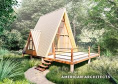 an image of a small cabin in the woods with stairs leading up to it's roof