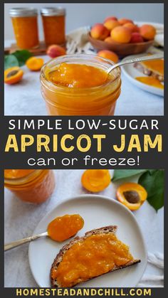 an apricot jam is in a jar and on a plate