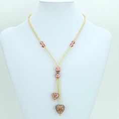 Murano Heart Tie Necklace - Rose Pink Elegant Rose Gold Heart Necklace For Party, Elegant Heart Beads Necklace For Party, Elegant Party Heart Beads Necklace, Elegant Adjustable Double Heart Necklace, Rose Gold Heart Beads Necklace, Elegant Pink Heart Necklace With Heart Beads, Pink Double Heart Elegant Jewelry, Elegant Adjustable Heart Necklace, Elegant Pink Double Heart Jewelry