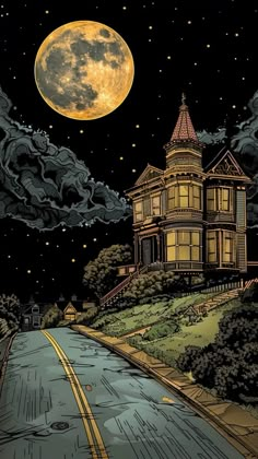 a drawing of a house on a hill with a full moon in the background