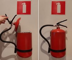 two pictures of a fire extinguisher with one being pulled out from the wall