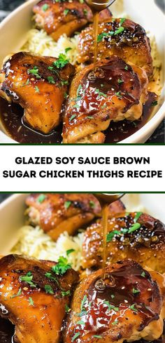 two pictures showing how to make glazed soy sauce brown sugar chicken thighs