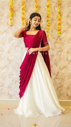 Night Party Lehenga, Half Saree For Marriage Function, Saree Skirt Designs, Kerala Piravi Outfit, Wedding Guest Dress Traditional, Half White Lehenga, Indian Women Traditional Outfits, Traditional Dhavani Set, Kerala Style Dress For Women