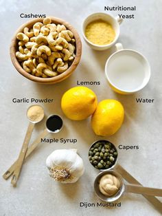 the ingredients for this recipe include lemons, cashews, capers and garlic