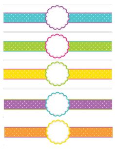 four different colored labels with dots and circles on the bottom, one for each label