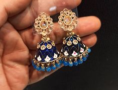 Handmade Meenakari Jhumka Earrings. Indian traditional jhumka Earrings. Wedding party wear earrings. Colour - Blue Golden Material - Brass. Blue Meenakari Jhumkas For Festivals, Blue Cutdana Jhumkas For Wedding, Traditional Multicolor Jhumkas With Gota Work, Blue Meenakari Jhumkas For Wedding, Traditional Blue Meenakari Jhumkas, Festive Blue Cutdana Jhumkas, Bollywood Style Blue Cutdana Jhumkas, Chandbali Jhumkas With Zari Work For Gift, Blue Meenakari Temple Jewelry Bridal Earrings