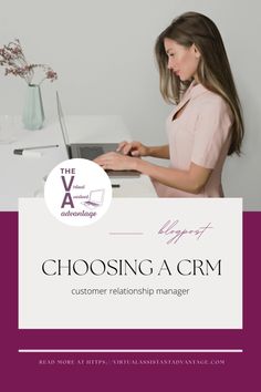 a woman working on her laptop with the words choosing a crm