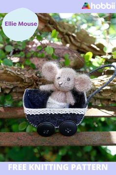 a small stuffed animal in a stroller on a wooden bench with text overlay that says free knitting pattern