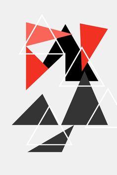 an abstract geometric design with red, black and white triangles