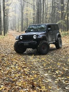 a black jeep driving down a leaf covered road