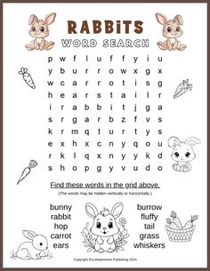 the word search for rabbits is shown in this printable worksheet to help kids learn