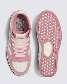 Lowland Mid ComfyCush JMP Shoe Retro Pink Sneakers For Skateboarding, Pink Lace-up High-top Sneakers For Skateboarding, Pink Vans Sneakers For Skateboarding, Pink High-top Sneakers For Skateboarding, Pink Vans Skateboarding Sneakers, Pink Vans Skate Shoes For Sports, Vans Pink Skate Shoes With Rubber Sole, Pink Vans Skate Shoes, Retro Pink Synthetic Sneakers