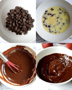 four different bowls filled with chocolate pudding and ingredients to make the best chocolate cake ever