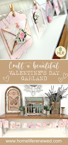 valentine's day card display with pink flowers and hearts