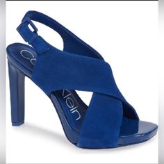 Calvin Klein Myra Cross Strap Sandal - Royal Blue Suede Curvy Cross Straps Balance The Blunted Toe Of A Shapely Leather Sandal Lofted High On A Trapezoidal Heel. Style Name: Calvin Klein Myra Cross Strap Sandal (Women). Style Number: 5714836. 4-1/4" Stiletto Heel; 1/4" Platform Calvin Klein Sandals For Spring Party, Calvin Klein Party Sandals For Spring, Calvin Klein Sandals For Summer Party, Calvin Klein Summer Party Sandals, Calvin Klein Sandals With Wrapped Heel For Spring, Calvin Klein Chic Synthetic Sandals, Chic Calvin Klein Synthetic Sandals, Calvin Klein Block Heel Sandals For Summer, Calvin Klein Party Sandals Synthetic