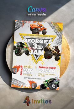 a monster truck birthday party flyer is displayed on a round gold plate with an orange and white background