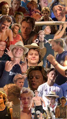 collage of many different people with hats and shirts on, including one man holding a baseball bat