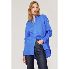 Blue linen (100% Linen). Top. Long sleeves. Collar. Front button closure. 32" from shoulder to hemline. Imported. Blue Collared Linen Top, Blue Linen Collared Top, Blue Tops With Button Cuffs For Everyday, Blue Blouse With Button Cuffs For Everyday, Spring Blue Linen Blouse, Blue Linen Shirt For Fall, Blue Linen Blouse For Spring, Blue Spring Shirt For Everyday, Blue Linen Tops For Everyday