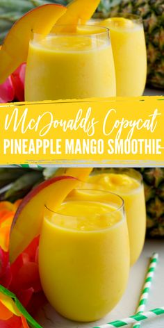 two glasses filled with pineapple mango smoothie