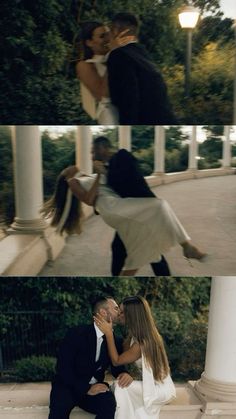 two people are kissing in front of some columns and trees, one is wearing a white dress