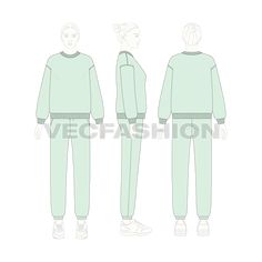 Womens Oversized Sweatsuit Relaxed Fit Crew Neck Tracksuit For Streetwear, Oversized Crew Neck Tracksuit For Loungewear, Crew Neck Tracksuit For Loungewear, Athleisure Tracksuit With Crew Neck And Relaxed Fit, Oversized Long Sleeve Tracksuit With Ribbed Cuffs, Oversized Crew Neck Sweatshirt, Flat Drawings, Flat Sketches, Vector Sketch