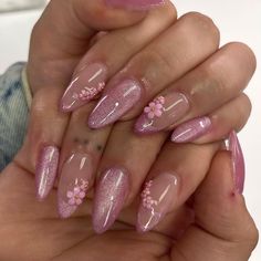 Builder Gel Nails Design Pink, Pink Butterfly Nails Almond, Almond Nails Pink Flowers, Pink Chrome Flower Nails, Pink Almond Nails Design, Pink Aura Nails With Flowers, Gel Nail Set, Pink Tip Nails, Nail Jewels