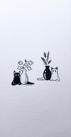 two black and white cats sitting next to each other with plants in vases behind them