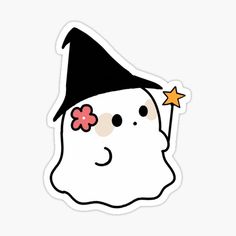 a white sticker with a black hat and flower on it's head, wearing a