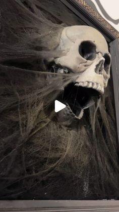 a fake skull with long hair on it's face and mouth is shown in front of a window