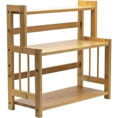 a wooden shelf with two shelves on each side