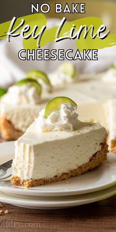 no bake key lime cheesecake on a white plate with the title overlay