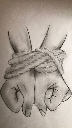 a pencil drawing of two hands tied up to each other with one hand holding the other's head