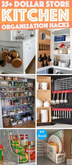 a collage of photos showing different kitchen organization hacks