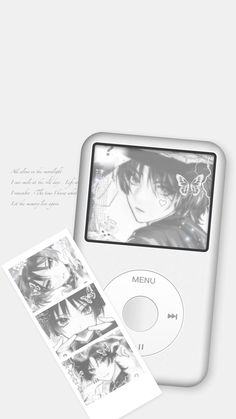 an mp3 player with some pictures on the front and back cover, next to it's manual