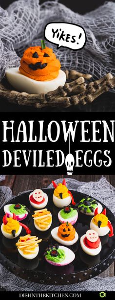 halloween deviled eggs on a black plate with the title overlay that reads, it's halloween deviled eggs